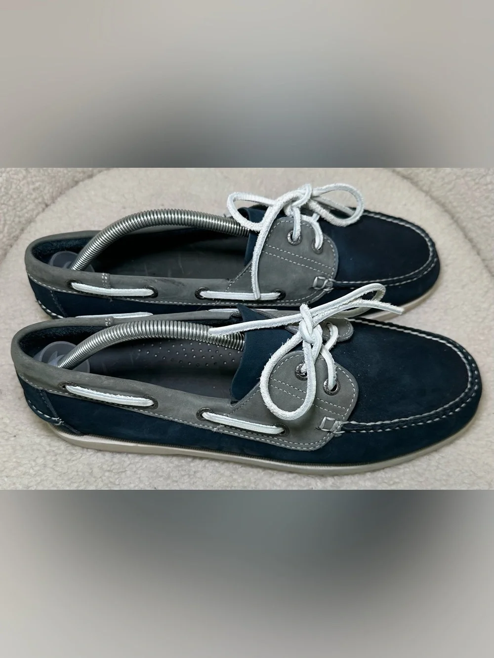 L.L.Bean Casco Bay Boat Shoes Men’s Navy Blue Gray Leather Dock Loafers Preppy